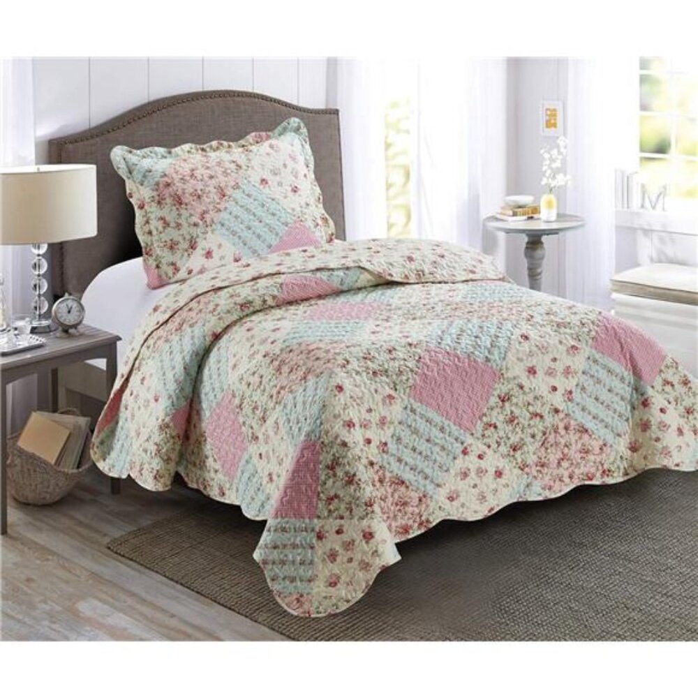 Sunshine Pink and Green Rose Patchwork, 2-Piece Quilt Set with 1 Sham